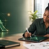Designer refining a green letter A logo on a tablet, representing AI created logo trademark protection in Kenya