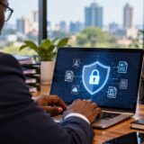Professional using a laptop protected by a digital padlock, representing AI and data protection in Kenya
